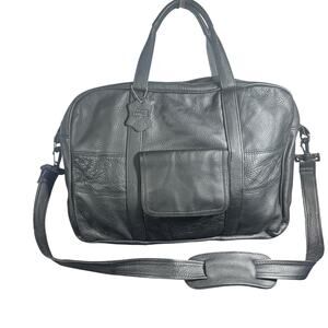 Caroll Black Leather Briefcase Laptop Work Bag with Shoulder Strap